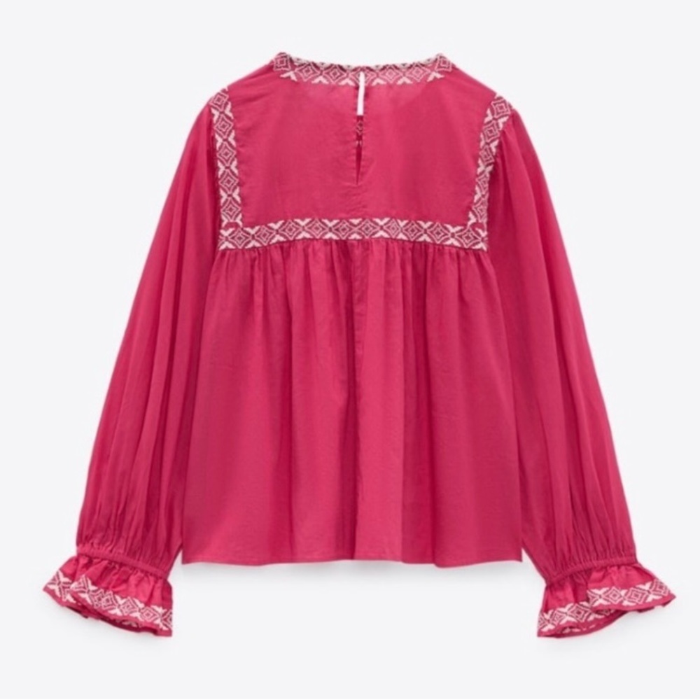 Zara Fuchsia Pink Blouse Top With White Embroidery Pink Size XS NEW - Picture 2 of 7